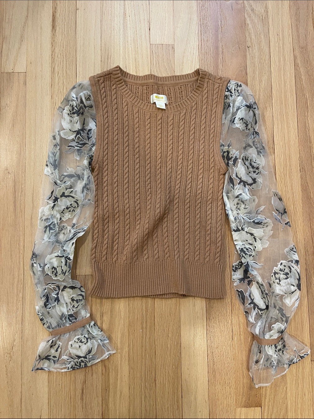 Anthropologie Camel Cable Knit Bodice Sheer Floral Sleeve Top
